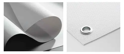 Blickdichte PVC-Frontlit-Plane (links) und perforierte PVC-Mesh-Plane (rechts)